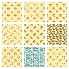 icon bundle of cute pattern line doodle fast food burrito burger burrito france fries fried chicken hot dog pizza sandwich taco soft drink and cola