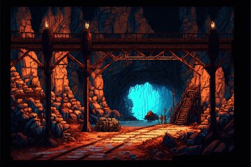 Pixel art mining cave with ore carts, underground mine, background in retro style for 8 bit game, Generative AI