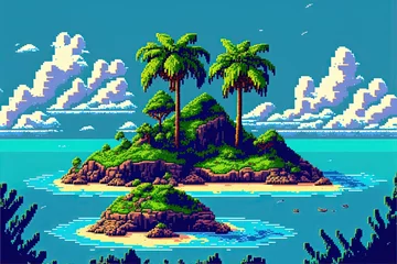 Foto op Canvas Pixel art paradise island on the high seas, background in retro style for 8 bit game, Generative AI  © Pixel  Land