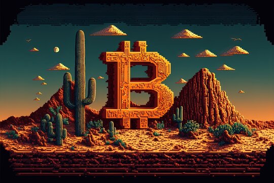 Pixel art bitcoin logo in desert, background in retro style for 8 bit game, Generative AI