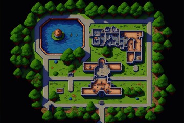 Pixel art fantasy RPG game map, top view, background in retro style for 8 bit game, Generative AI

