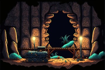 Pixel art mining cave with ore carts, underground mine, background in retro style for 8 bit game, Generative AI