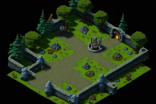 Pixel art fantasy RPG game map, isometric map top view, background in retro style for 8 bit game, Generative AI