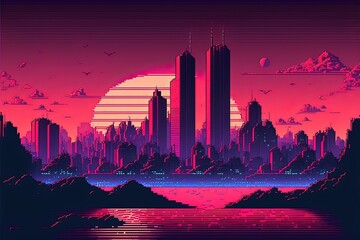 Pixel art city in vaporwave style, background in retro style for 8 bit game, Generative AI