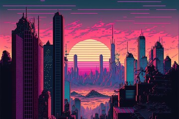 Pixel art city in vaporwave style, background in retro style for 8 bit game, Generative AI