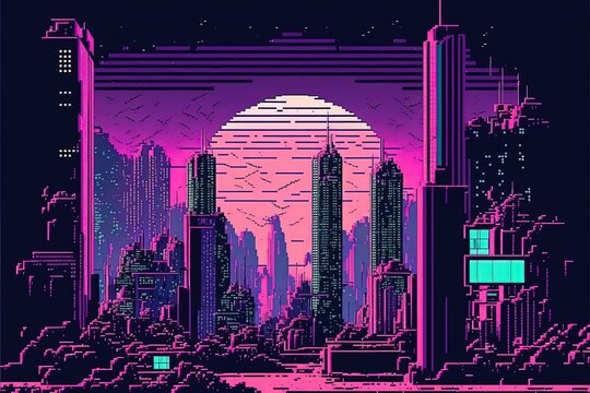Pixel art city in vaporwave style, background in retro style for 8 bit game, Generative AI