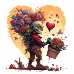 My Zombie Valentine. A happy zombie delivering valentines and flowers with an orange heart background. Generative AI