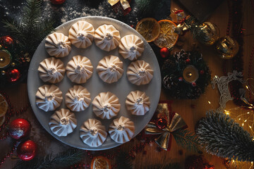 top view of georgian or armenian khinkali food with meat or cheese on christmas