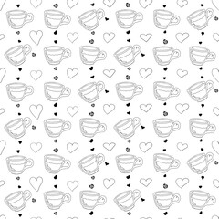 Fototapeta premium Hand drawn vintage tea cup seamless pattern decorated with hearts, roses. Doodle Coffee Mugs seamless pattern. Black on white background.
