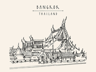 Vector Bangkok, Thailand, postcard in retro style. Wat Suthat Buddhist temple in the Thai capital Krungthep Mahanakorn. Travel sketch. Vintage artistic hand drawn touristic postcard - obrazy, fototapety, plakaty