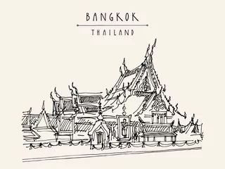 Foto op Canvas Vector Bangkok, Thailand, postcard in retro style. Wat Suthat Buddhist temple in the Thai capital Krungthep Mahanakorn. Travel sketch. Vintage artistic hand drawn touristic postcard © babayuka