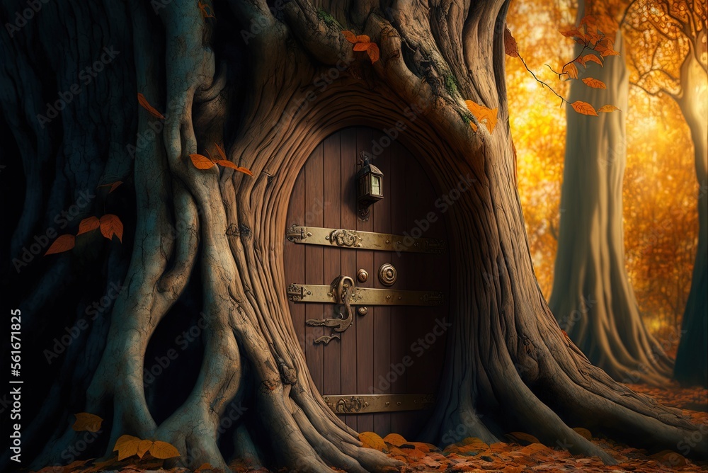Poster tree trunk with a door in the middle, in close-up generative ai