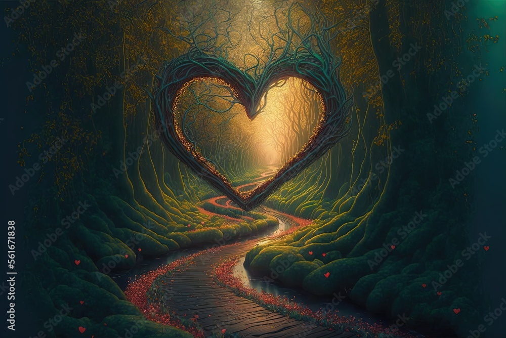 Poster a fanciful woodland with a heart-shaped path generative ai