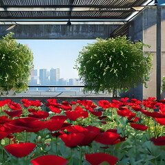 A rooftop garden full of poppies. There is a cityscape in the background. There are ferns hangs from the terrace. 