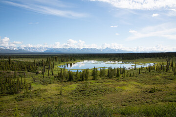 Fototapeta na wymiar mountain range with small pond in alaska 