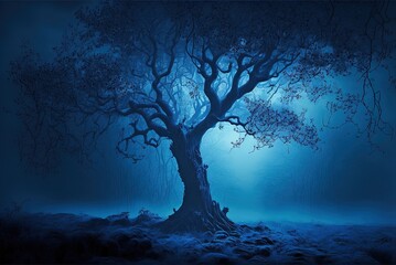 A panorama of dark blue fog and trees, straight out of a fantasy novel. Generative AI
