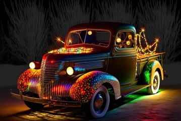 Old Chevy Truck Adorned with Holiday Lights Generative AI - obrazy, fototapety, plakaty