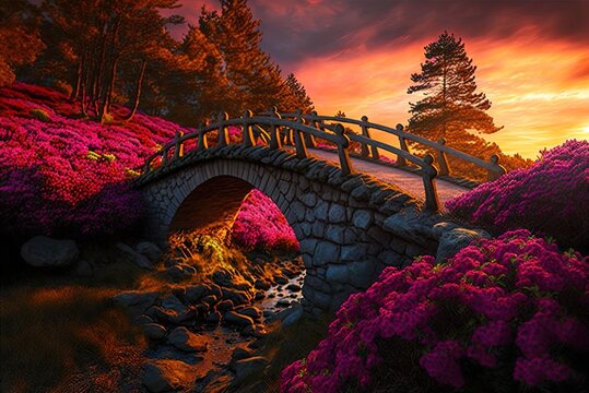 Wonderful views of the fall foliage. A stunning azelia and rhododendron sunset Generative AI