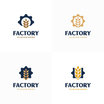 Set of Wheat Grain Factory Logo designs concept with gear symbol, Bread Factory logo template