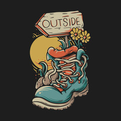 T Shirt Design Outside Street Sign With Hiking Shoes Vintage Illustration