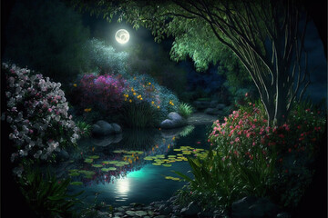 Naklejka premium Lush Secret Garden with Water, Pond, River, Full Moon at Night