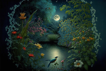Fototapeta na wymiar Lush Secret Garden with Water, Pond, River, Full Moon, Bird at Night