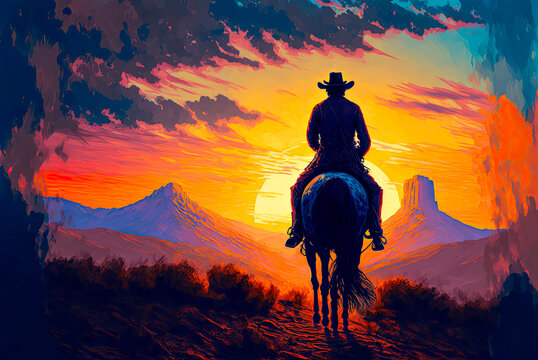 Cowboy riding into the sunset, acrylic painting, copyspace. Generative AI
