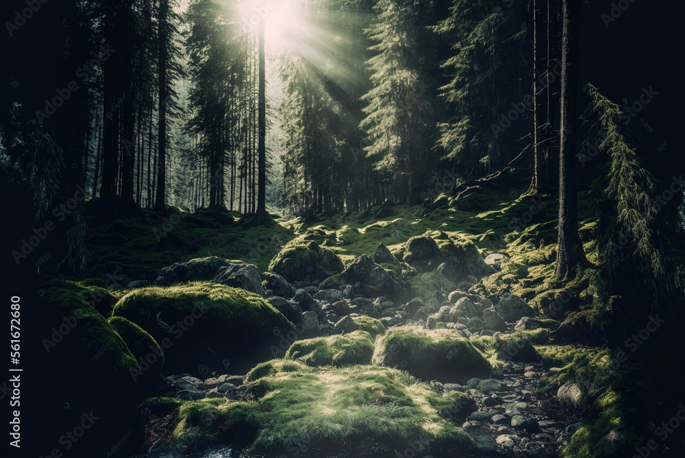Poster sunlight filtering through mossy trees in a coniferous woodland setting with stones. generative ai