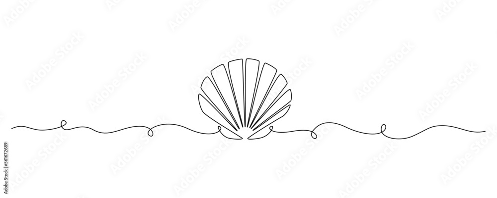 Poster Continuous one line drawing of open oyster shell. Seashell symbol and banner of beauty spa and wellness salon in simple linear style. Editable stroke. Outline Vector illustration