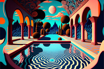 Trippy Psychedelic LSD Acid Swimming Pool - obrazy, fototapety, plakaty