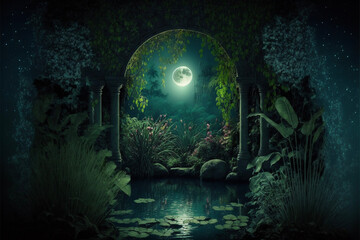 Lush Secret Garden with Water, Pond, River at Night with Full Moon, Archway
