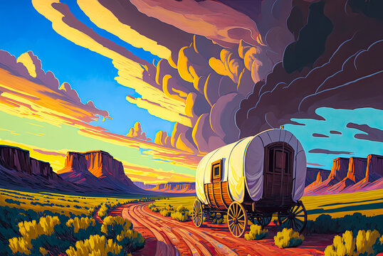 The Oregon Trail, covered wagon, acrylic painting. Generative AI