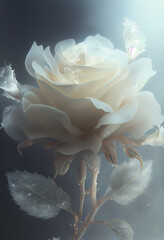 Fototapeta na wymiar Beautiful Valentine rose flower with a soft fairy tale fog and smoke. Abstract romantic white rose flower.