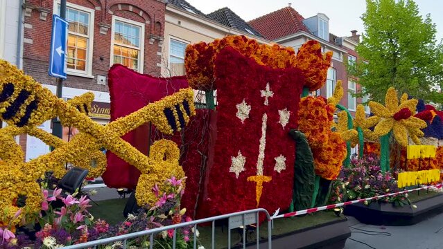 Platforms decorated with flowers on Bloemencorso Bollenstreek Flower Parade Keukenhof, Haarlem, the Netherlands, 24 April 2022. High quality 4k footage