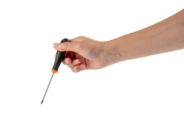Hand holding screwdriver isolated on transparent background