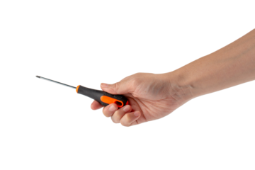 Hand holding screwdriver isolated on transparent background