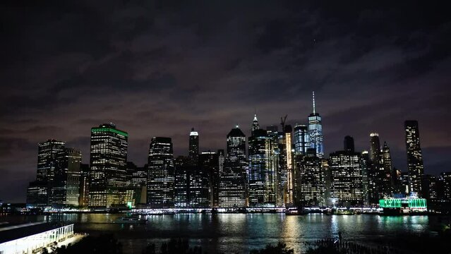 New York buildings at Night. Manhattan Skyscrapers. City Skyline.