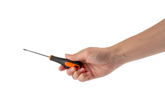 Hand holding screwdriver isolated on transparent background