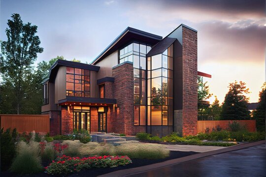 Modern Home Architecture Building Glass Windows Multi Story Dwelling, Landscaped, Generative Ai