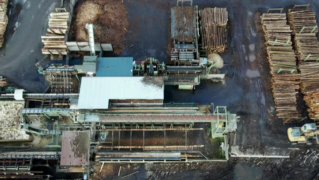 Germany's Lumber Industry in motion: An Aerial View of a Sawmill Processing Long Logs