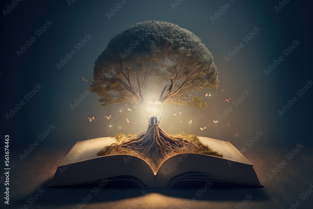 Poster a book illuminated by a tree of light bulbs generative ai