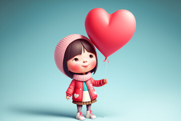 cute Asian girl holding heart shape balloon valentine day, AI generate