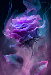 Beautiful Valentine rose flower with a soft fairy tale fog and smoke. Abstract romantic violet rose flower.