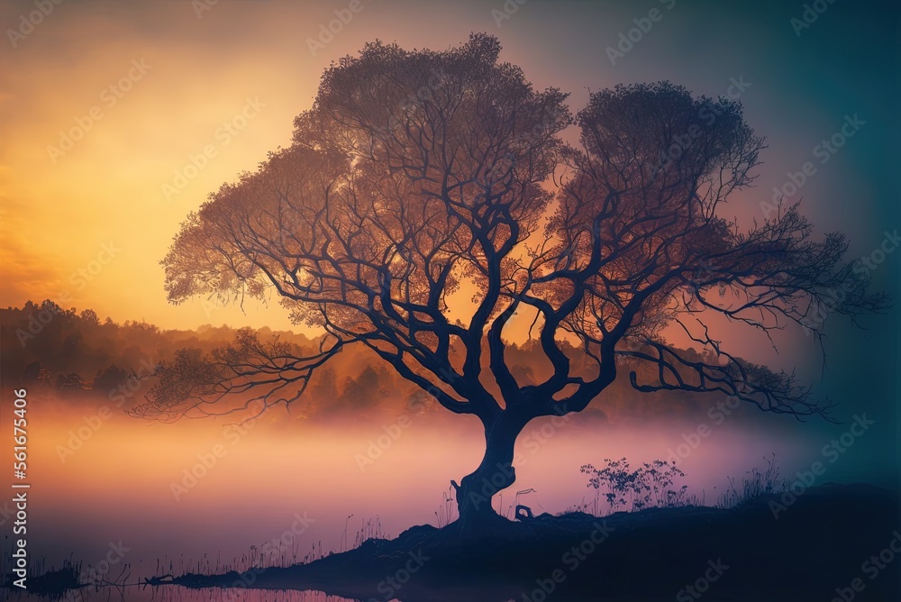 Poster scenic view of trees in the mist generative ai