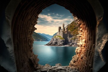 magnificent seascape seen from the castle and the Gothic church Generative AI - obrazy, fototapety, plakaty