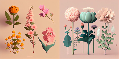 Set of illustrations of flowers in spring. Pink tone background, collection