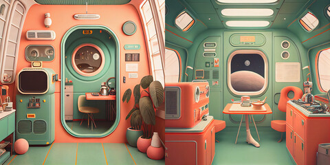 Illustration of retro futuristic space ship interiors, collection