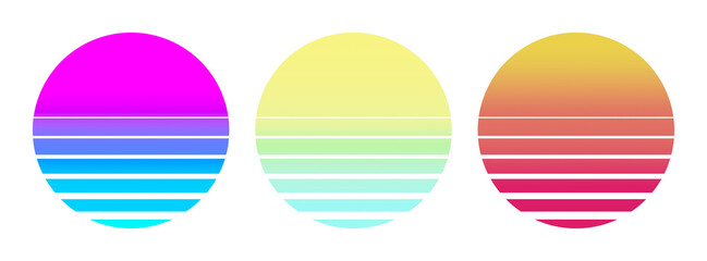 retro sun sunset retrowave from the 80s or 90s transparent PNG. For logo, icon, music and shirt. Set of 3