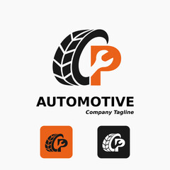 Simple Modern Automotive Tires Wheel Repair Mobile Motor Car Business Service with Letter P and Wrench Icon