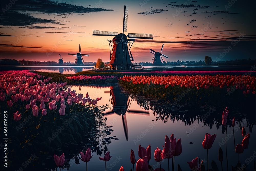 Poster faerie magic a windmill in the midst of a tulip field makes for an intriguing scene. generative ai